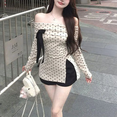 Cyflymder Slash Neck Polka Dot T-shirt Female Clothing Sweet Slim Stylish Bow Spring Autumn Commute Elegant Off Shoulder Split Pullovers