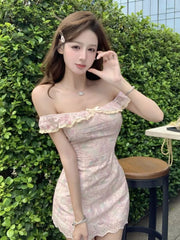 Cyflymder Mini Dresses Women Sexy Sweet Floral Slash Neck Off Shoulder Bow Lace Patchwork Vintage Elegant Dress Party Spring New