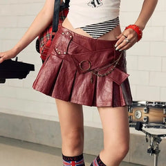 Cyflymder Leather Pleated Vintage New Hot Girl PU Short Skirt American Pleated Skirt High Waisted Belt