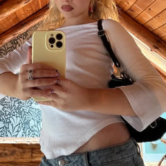 Cyflymder Women Summer Baby Tees Boat Neck 3/4 Sleeves Scalloped Curved Hem T-Shirts Y2K Cute Going Out Tops