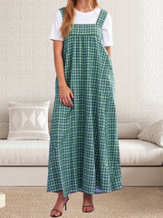 Cyflymder Women s Sleeveless Plaid Maxi Dress with Square Neckline and Wide Shoulder Straps for Summer Beach Vacation