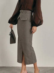 Cyflymder Commuting Maxi Skirt Women Belt High Waist Slim Solid Patchwork Pocket Split Straight-Leg Outfit Female 2026 Maxi Skirts