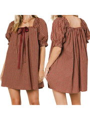 Cyflymder Elegant Plaid Summer Dress with Square Neckline and Puff Sleeves Perfect for Daily Wear and Travel Outfits