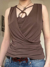 Cyflymder Sexy Slim Folds Tank Tops Fake 2 Piece Elegant Bandage Hollow Out V-Neck Sleeveless Tops Women Summer Fashion Lady