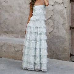 Cyflymder Women Summer Adjustable Thin Shoulder Straps Sleeveless Square Neck Lace Patchwork Patchwoek A-line Cami Long Dress