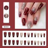 Cyflymder 24Pcs/Set Wine Red Long Ballet Fake Nails Gold Glitter Gradient Artificial Removable Acrylic Press on Nails Art Stick on Nails
