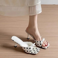 Cyflymder Summer Bowknot Square Head Open Toe High Heel Women's Slippers Leather Prom Shoes Series Fine Heel Ladies Slippers 3467