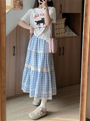 Cyflymder Women's Splicing Blue Plaid Summer A-line Thin Skirt Young Girl Vintage Fashion Female High Waist Loose Calf-length Skirts