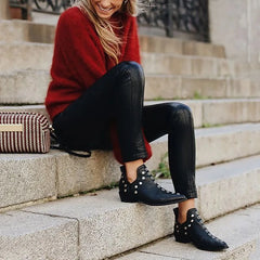 Cyflymder Women's Dark Y2K Ankle Boots, Western Pointed Toe Studded Spice Girl Street Short Boots, Fashion Versatile Low Heel Trendy Shoes