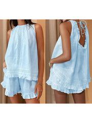 Cyflymder Women s Casual Summer Outfit Sleeveless Ruffled Trim Top and Loose Fit Shorts Set for a Stylish Look