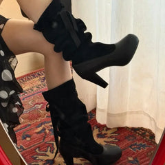 Cyflymder Stylish Mid-Calf Boots for Women New Fall Cow Split Leather Upper Sheepskin Lining Medium Heel Casual Daily Fashion