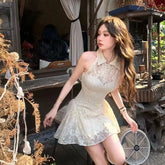 Cyflymder Slim-fitting Temperament Cheongsam Lace Splicing Dress with Waist Slimming 2025 Summer New Retro Skirt