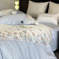 Cyflymder 4Pcs Blue Pink Luxury Butterfly Flowers Embroidery Bedding Set Egyptian Cotton Duvet Cover Bed Sheet/Fitted Sheet Pillowcases