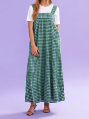 Cyflymder Women s Sleeveless Plaid Maxi Dress with Square Neckline and Wide Shoulder Straps for Summer Beach Vacation