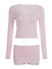 Cyflymder Y2K Hot Girl Lace Hem 2 Piece Set Fashion Bow Long Sleeve Crop Top & Bodycon Mini Skirt Matching Suits Casual Women Outfit