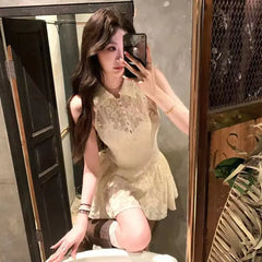 Cyflymder Slim-fitting Temperament Cheongsam Lace Splicing Dress with Waist Slimming 2025 Summer New Retro Skirt