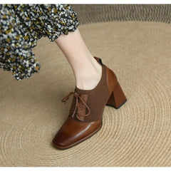 Cyflymder New Thick Heel High Heels Women's Spring and Autumn Naked Boots Brown Knitted British Style Lace up Small Leather Shoes