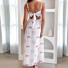 Cyflymder Women Summer Holiday Beach Long Slip Dress Spaghetti Straps Deep V-neck Backless Bow Floral Print Swing Dresses