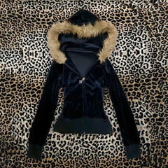 Cyflymder Euramerican Fashion Vintage Autumn Winter Velvet Hooded Jacket Y2k Harajuku Classic All Match Women Clothes Street Punk Coats