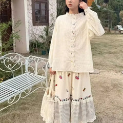 Cyflymder Harajuku Y2K Sweet Plaid Patchwork Loose A-line Skirts Women Party Splice Lace Elastic Waist Floral Embroidery Skirt 028B