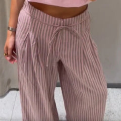 Cyflymder Striped Drawstring Wide Leg Pants Women High Waist Side Pocket Vertical Stripe Bottom Lady's Casual Outdoor Streetwear Trousers