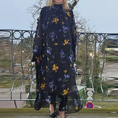 Cyflymder Fashion Flower Print Draped Party Dress Elegant Half High Collar Chiffon Loose Dress Women Casual Long Sleeve Hollow Long Dress