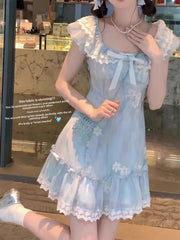 Cyflymder Artistic Short Skirt Dress Women's Summer Dopaamine First Love Pure Blue Floral Puffy Cake Dress Milk Breathiness