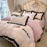 Cyflymder Ruffles Striped Bedding Bed Sheet Duvet Cover Fitted Full Bedspreads Sets AB Double-sided Skin-friendly Summer Bedroom Linens