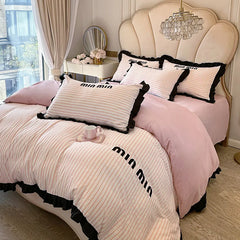 Cyflymder Ruffles Striped Bedding Bed Sheet Duvet Cover Fitted Full Bedspreads Sets AB Double-sided Skin-friendly Summer Bedroom Linens