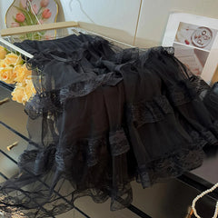 Cyflymder Fairy Lace Spliced Mesh Layered Cake Skirt Women 2025 Spring High Waist Folds A-line Long Skirts Sweet Beach Clothing