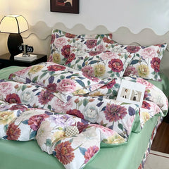 Cyflymder 100% Cotton Flowers Print Luxury Bedding Set Single Double Queen King Size Duvet Cover Flat/Fitted Bed Sheet Pillowcases 3/4Pcs