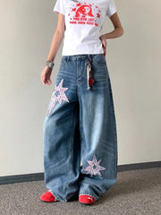 Cyflymder American Star Patch Scimitar Jeans Women's Summer High Waist Washed Loose Wide Leg Trousers