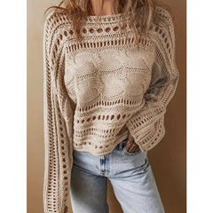 Cyflymder Vintage Loose Slash Hollow Women Sweater Long Sleeve Knitted Pullover Autumn Elegant Harajuku Jumper Knitwear Top Solid Casual