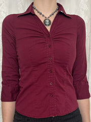Cyflymder Y2K Turn-Down Collar Long Sleeve Blouse Solid Color Slim Fit Sexy Pleated Waist Cinching Short Sleeved V-Neck Shirt