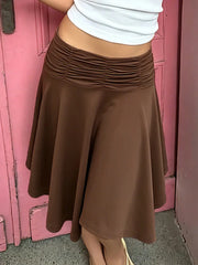 Cyflymder Low Waist Pleated Women Midi Skirts Solid Color Knee-length Slim Fit Versatile A-Line Skirts Casual Daily Street Outfit