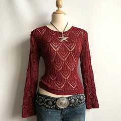 Cyflymder Women Wine Red Hollow‑Out Knit Top Long Sleeve Glitter Crochet Sweater Y2K Round Neck Slim‑Fit Casual Fall Knitted Blouse