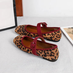 Cyflymder Mary Jane Flat Bottom Shoes Spring New Style Leopard Print Single Strap Korean Style Women's Low Heel Velvet Surface