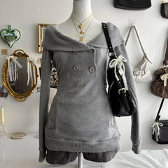 Cyflymder Y2K Women's Autumn and Winter Knitted Pullover Casual Loose Chic Solid Color Button Open Lapel Sweater Office Lady Commuter Wear