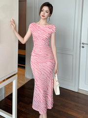 Cyflymder Summer Mesh Print Stretchy Mermaid Dress Women Clothes Elegant Lady Short Sleeve Skinny Midi Folds Robe Party Birthday Vestidos