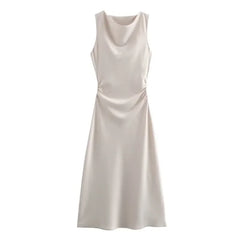 Cyflymder Summer New Women Sleeveless Dress Fashion Temperament Sexy Silk Satin Texture Solid Color Midi Long Dress Women Elegant
