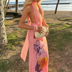 Cyflymder Summer Floral Print Beach Party Dress Women's Sexy Halter Backless Hollow Out Vacation Dress Elegant Hight Waist Slim Long Dress