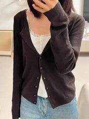 Cyflymder Brown Eyelet Knitted Cardigan Women Autumn New Casual Cotton Long Sleeve Sweater Coat Female Vintage Simple Basic Sweaters Tops