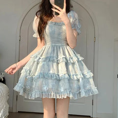 Cyflymder Kawaii Bow Mini Dress Women Fashion Party Mesh Ruffles Patchwork Dresses Summer Korean Puff Short Sleeve Bodycon Design Vestidos