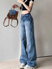 Cyflymder Y2K Washed Denim Pants Women High Waist Wide Leg Jeans Spicy Girl Retro Straight Leg Loose Fit Long Trousers Autumn