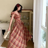 Cyflymder Vintage Red Plaid Long Dress Women Summer Square Collar High Waist Slim A-line Dresses French Elegant Beach Robe