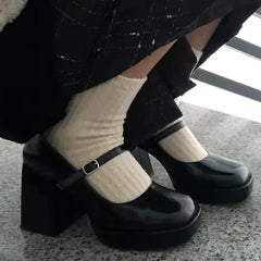 Cyflymder Retro Style Black Round Toe Platform Women Mary Jane Shoes Chunky High Heels Buckle Strap Design Fashion Pumps Shoes