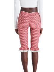 Cyflymder Women s Plaid Capri Pants with Lace Ruffles and Stretchy Cropped Leggings for Summer Casual Wear