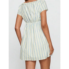 Cyflymder【New style】Women Summer Casual Short Dress Short Sleeve Solid Color/Stripe Print Square Neck Empire Waist Mini Dress