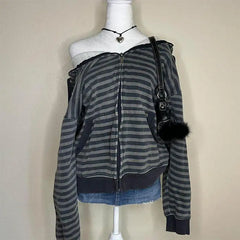 Cyflymder Vintage Sexy Spice Girl Off The Shoulder Zip Up Sweatshirt Y2k Niche Loose Striped Fashion Autumn Sweet Cool Coats Punk Lazy Top