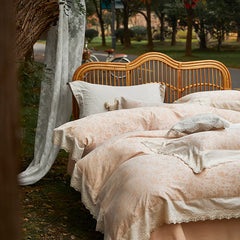 Cyflymder Vintage Jacquard Lace Ruffles 100% Cotton Double Yarn Soft Princess Bedding Set Duvet Cover Bed Sheet Set Pillowcases 4Pcs